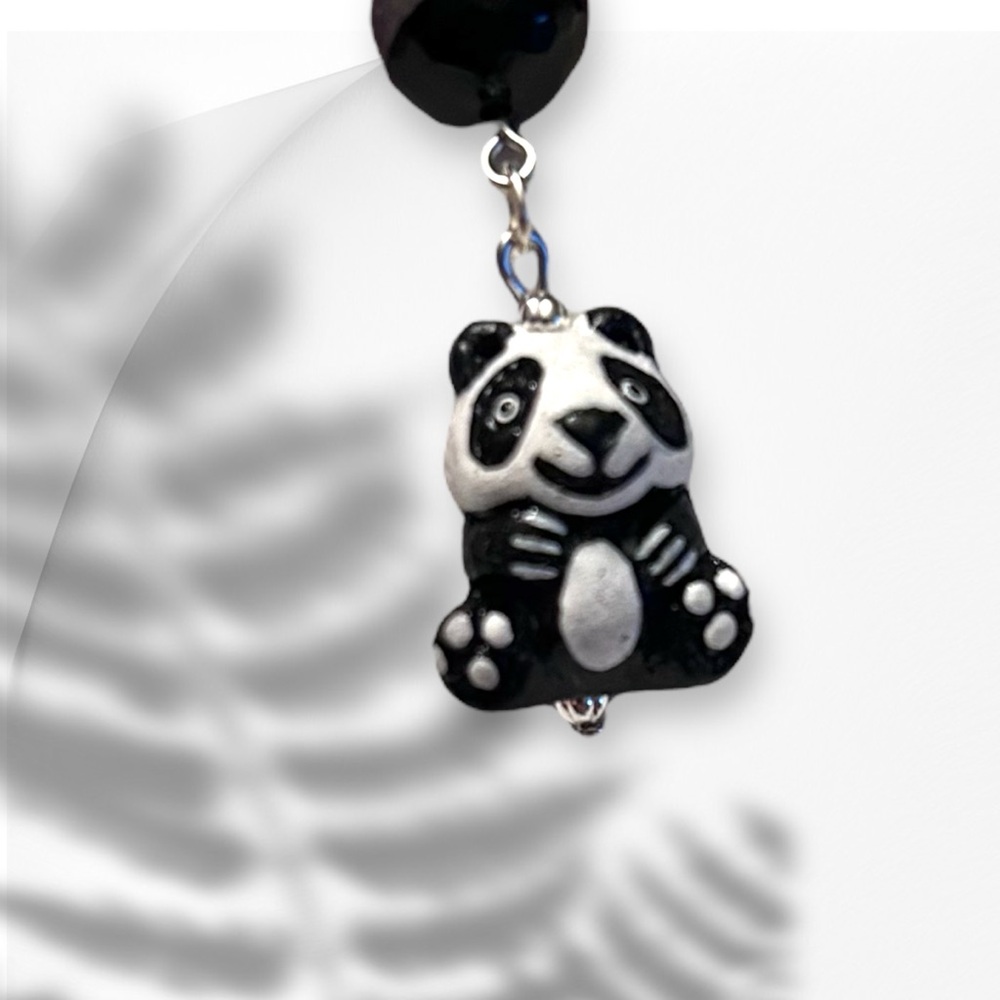 Handmade Earrings Panda Bear Onyx Quartz Dangle Pierced Whimsical Animals - Picture 4 of 7